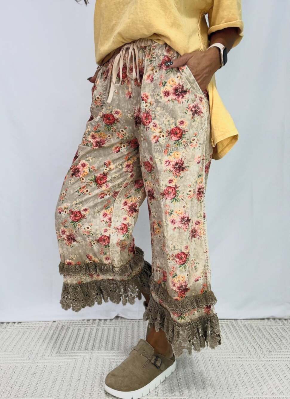 Blue Velvet Brown Pink Floral Lace Ruffle Wide Leg Pants XL - Garden Romantic